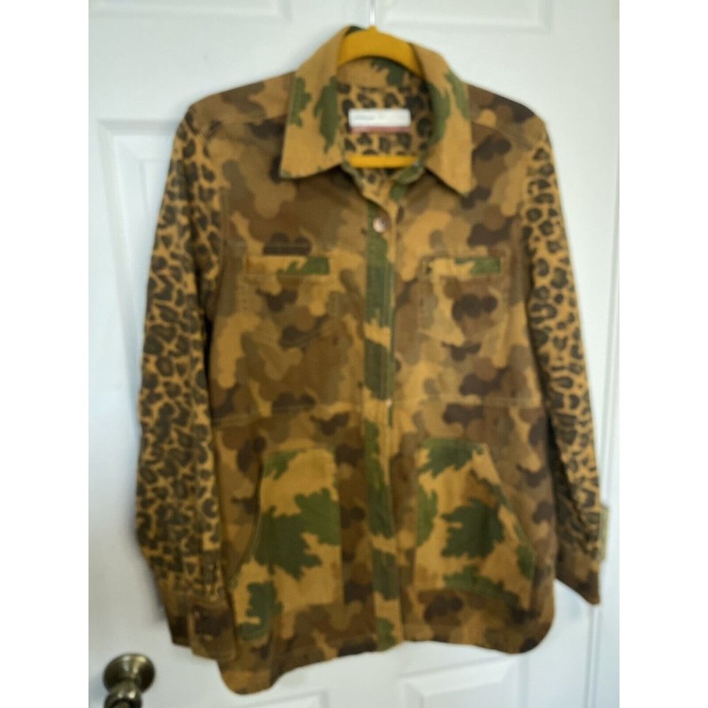ANTHROPOLOGIE PILCRO CAMO CAT DENIM JACKET BROWN SZ S LEOPARD DENIM